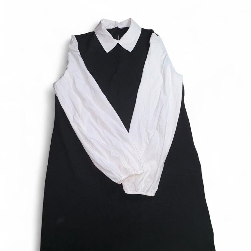 SHEIN black & white color block dress with white collar and long sleeves, size M